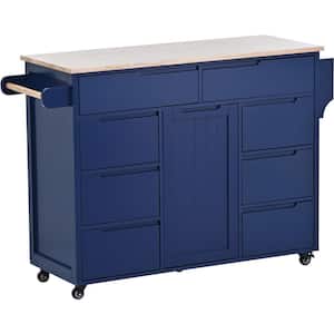 Blue Rubber wood 53.1 in. Kitchen Island with 8 Drawers, a Flatware Organizer and 5 Wheels