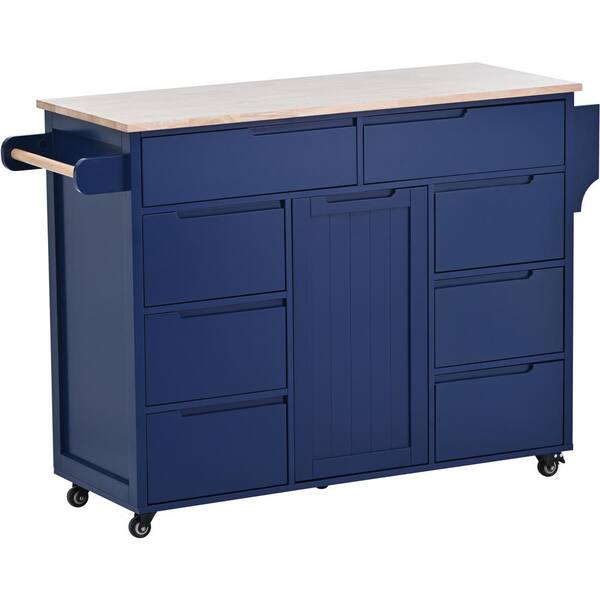 Blue Rubber Wood Countertop 53.1 in. W Kitchen Island on 5-Wheels with 8  Handle-Free Drawers and Flatware Organizer ktkhwy14 - The Home Depot