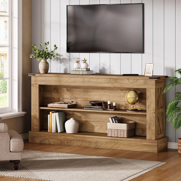 63 in. Brown Wood TV Stand Fits TVs up to 55 to 65 in. with Open Storage, Entertainment Center for Living Room Bedroom