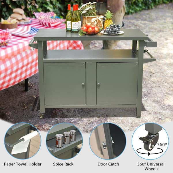 Tatayosi Metal Grill Carts Outdoor Storage Cabinet with Wheels for
