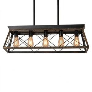 32 in. 5-Light Matte Black Finish and Dark Walnut Fixture Color Chandeliers for Kitchen with No Bulbs included