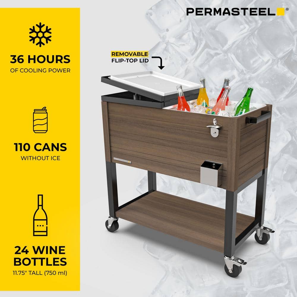 Permasteel 80-Quart Brown Woodgrain Rolling Patio Cooler with Insulated Basin