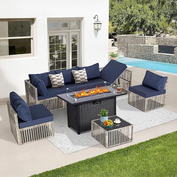 MIRAFIT Gray 8-Piece Wicker Patio Conversation Sectional Seating Set with GushionGuard Blue Cushions