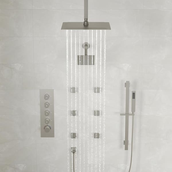 15-Spray Patterns 16 and 6 in. Ceiling Mount Dual Shower Head and Handheld Shower Head 2.5 GPM in Brushed Nickel