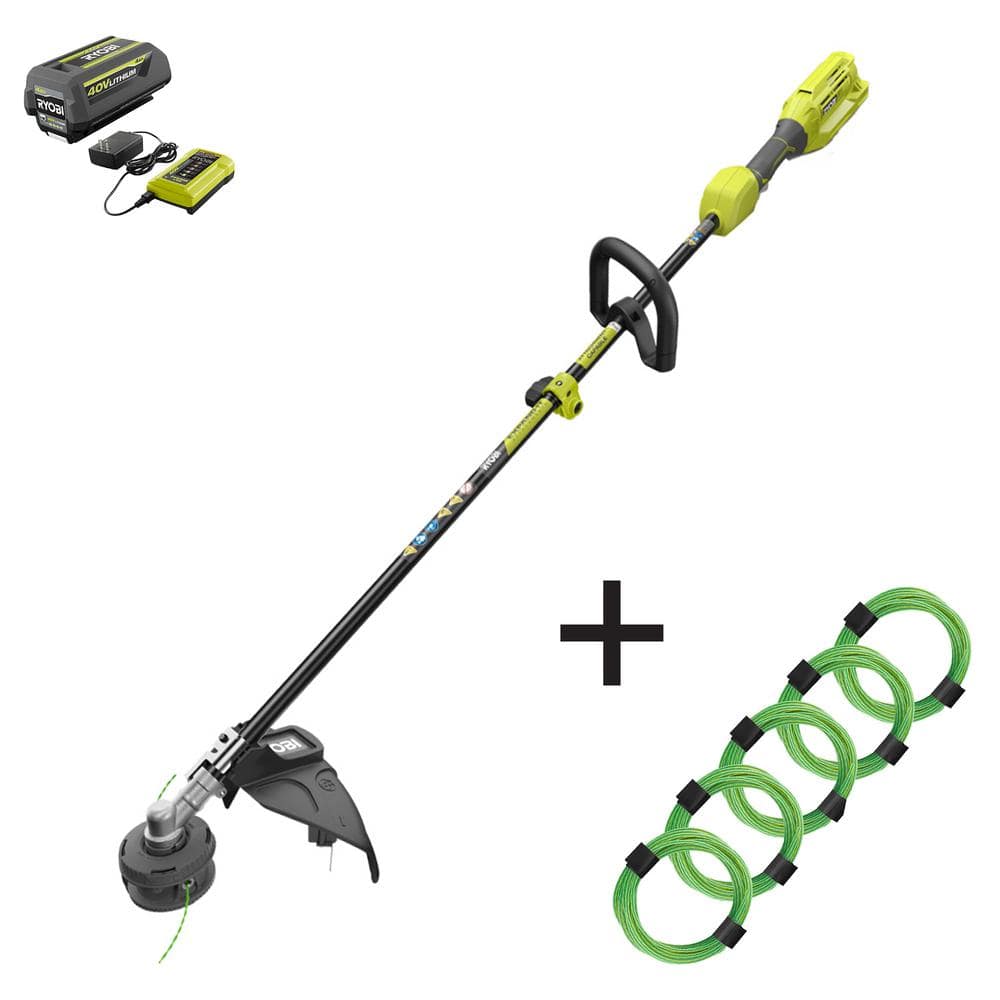 RYOBI 40V Expand-It Cordless Attachment Capable String Trimmer w/ Extra 5-Pack Pre-Cut Spiral Line, 4.0Ah Battery and Charger -  RY40250-AC