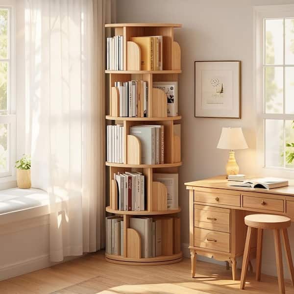 Pamela 360° Rotating 61.8 in. Tall Natural MDF 5-Shelf Corner Bookcase Display Bookshelf with Baffle Design