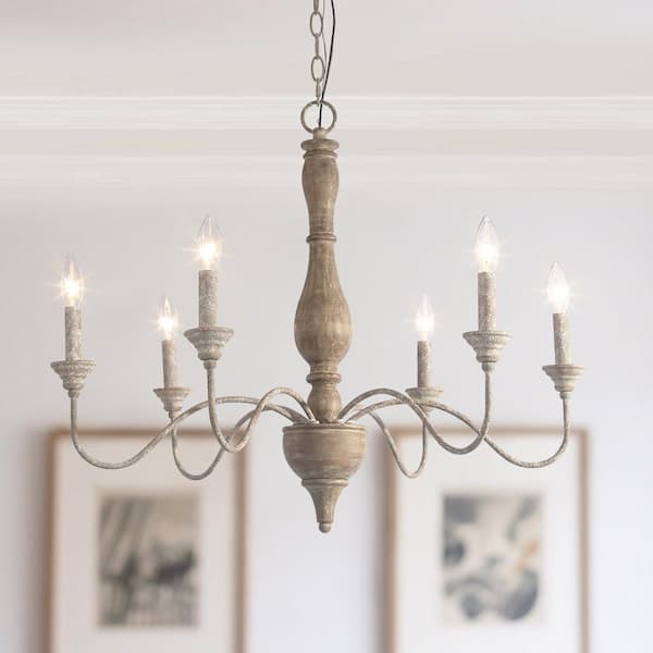 6-Light Rustic Farmhouse Wood Chandelier 29.5 in. W with Antique White French Country Accents and Classic Candle Style
