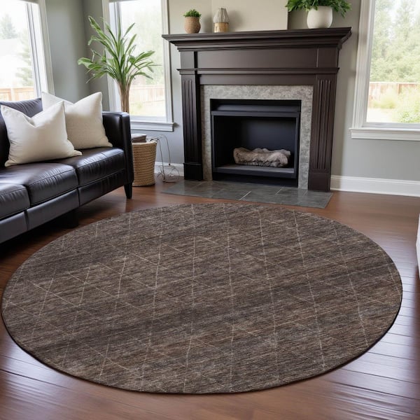 Mayfield Premium Machine Washable Abstract AMF1165 Coffee 8 ft. x 8 ft. Round Rug
