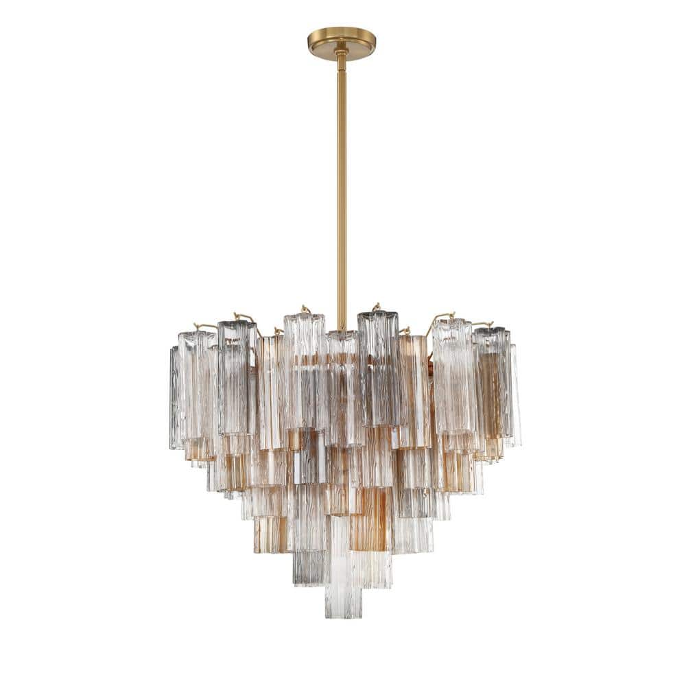 Aged Brass and Crystal 12-Light Chandelier with Tronchi Glass