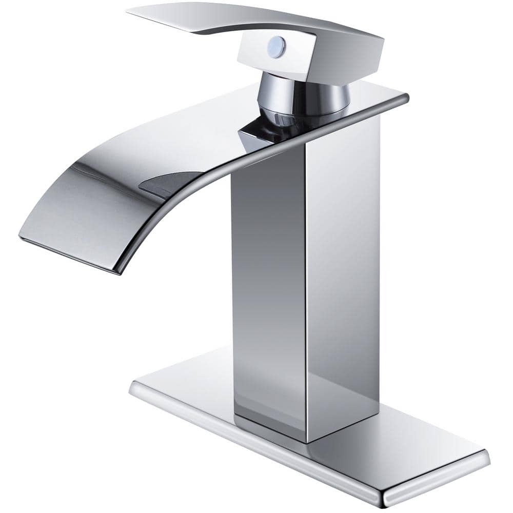 Waterfall Spout 1-Handle Low Arc 1-Hole Bathroom Faucet with Deckplate Incl