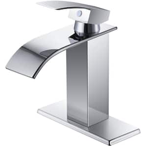 Waterfall Spout 1-Handle Low Arc 1-Hole Bathroom Faucet with Deckplate Included in Polished Chrome