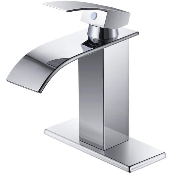 AKLFGN Waterfall Spout 1-Handle Low Arc 1-Hole Bathroom Faucet with Deckplate Included in Polished Chrome