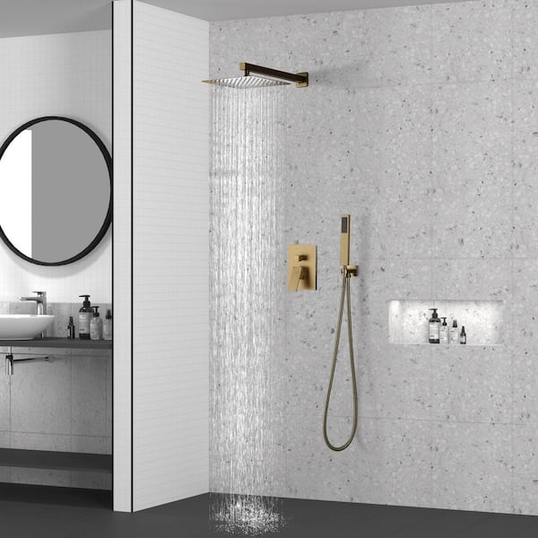 1-Spray Patterns with 10 in. Wall Mount Dual Shower Heads with Hand Shower Faucet in Brushed Gold (Valve Included)