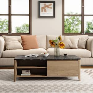 47 in. Farmhouse Vintage Tobacco Wood and Marble Texture Coffee Table with Drawers for Office Living Room in Light Brown