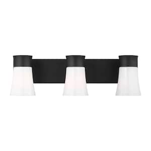 Roy 14.5 in. 3-Light Midnight Black Large Vanity Light with Milk Glass Shades