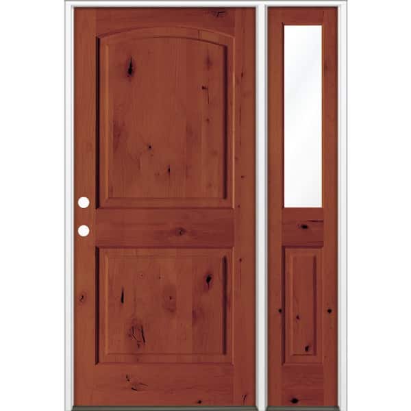 Krosswood Doors 44 in. x 80 in. Knotty Alder 2 Panel Arch Right-Hand/Inswing Clear Glass Amaretto Stain Wood Prehung Front Door RHSL
