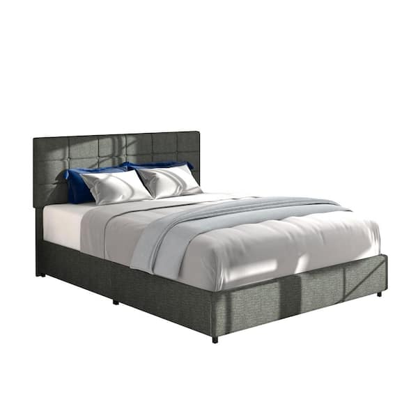 Noble House Vera Gray Linen Upholstered Metal Frame Queen Size Platform Bed with 4 Drawers