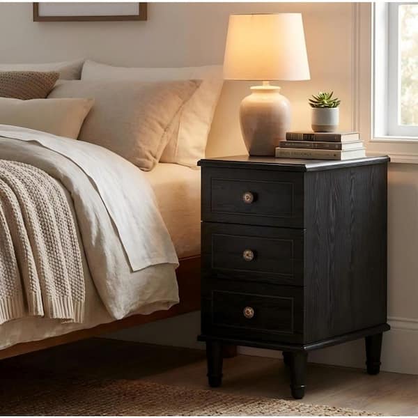 Solid Wood 25.6 in. H x 11.8 in. W Black Mid-Century Nightstand, 3-Drawer Classic Side Table for Bedroom, Living Room