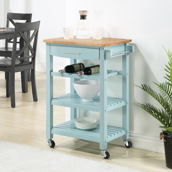 Convenience Concepts Ellaine Sea Foam Blue 4 Tier Butcher Block Kitchen Cart with Drawer and Wine Rack