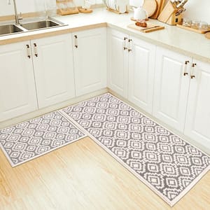 Sofihas Floor Mats Gray Floral 24 in. x 35 in. and 24 in. x 59 in., Polypropylene Non-Slip Kitchen Mat (Set 2 Piece)