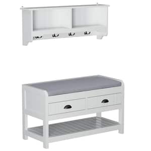 20.7 in. H x 33.5 in. W White Wooden Shoe Storage Bench, Shoe Storage Cabinet with Wall Mounted Coat Rack