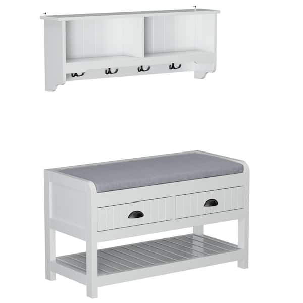 FUFU&GAGA 20.7 in. H x 33.5 in. W White Wooden Shoe Storage Bench, Shoe Storage Cabinet Wall Mounted Coat Rack