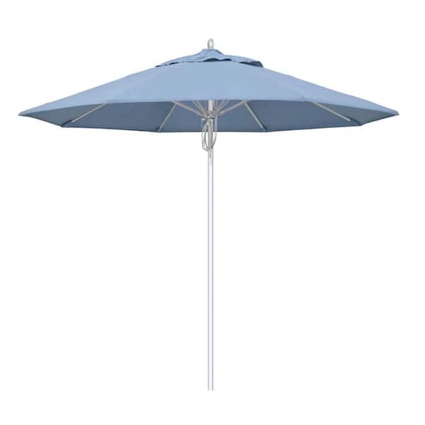 California Umbrella 9 ft. Silver Aluminum Commercial Fiberglass Ribs Market Patio Umbrella and Pulley Lift in Air Blue Sunbrella