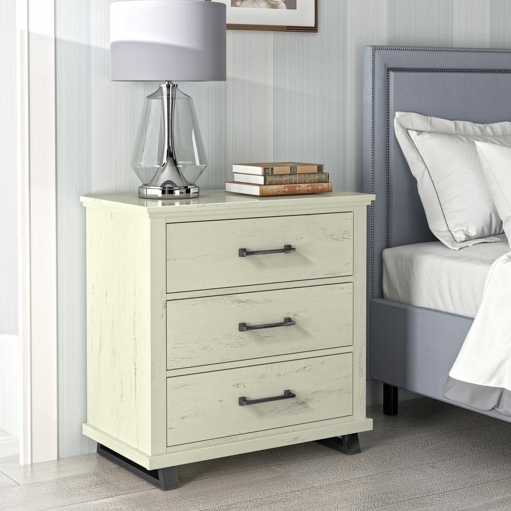 Off-White 32'' 3-Drawer Nightstand with Metal Legs