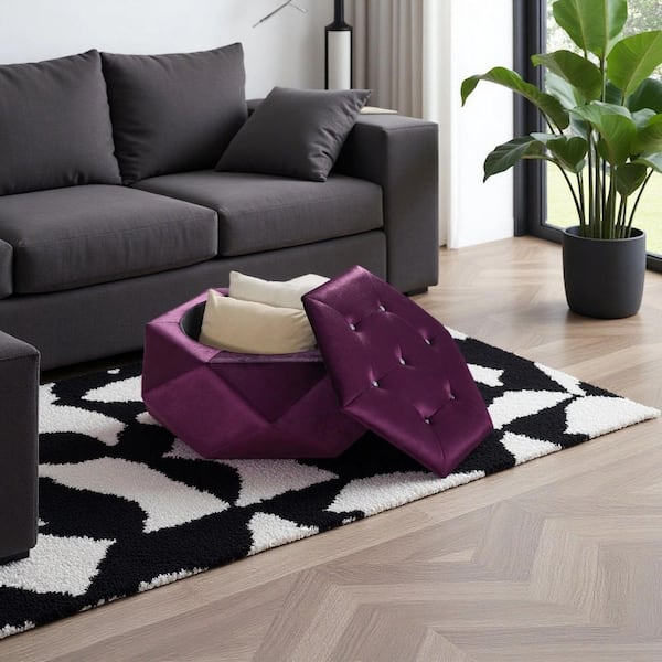 Berkamn Modern Glam Purple Velvet Upholstery Polygon Diamond Tufted Storage Ottoman