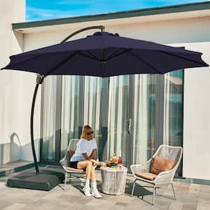 11 ft. L Outdoor Aluminum Curvy Cantilever Offset Hanging Patio Umbrella with Sandbag Base and Cover in Navy