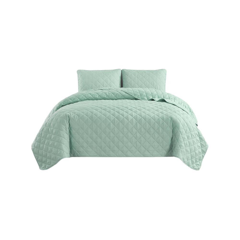 Sage Green Microfiber Diamond Stitched Full Quilt Set
