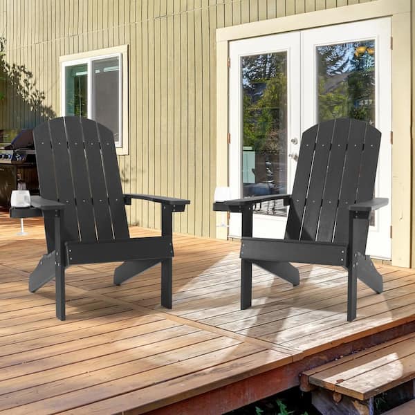 Sonkuki Black Recyled Plastic Weather-Resistant Adirondack Chair with Cup Holder (2-Pack)