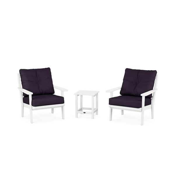 Trex Outdoor Furniture Cape Cod Classic White 3-Piece Plastic Patio Conversation Set in Navy Linen Cushions