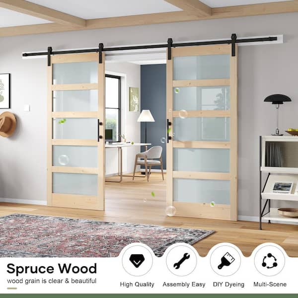 64 in. x 84 in. (Double 32 in.) 5 Lite Frosted Glass Spruce Finished Solid Wood Sliding Barn Door with Hardware Kit