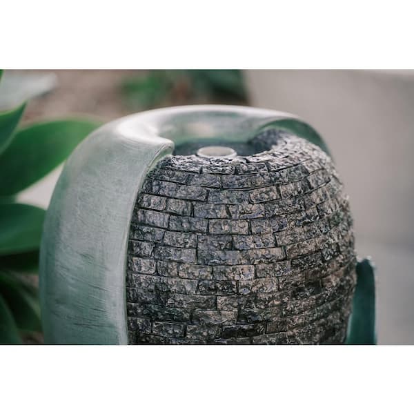 25 in. Tall Modern Round Broken Egg Shell Jar Waterfall Fountain with LED Lights and Auto Shut Off Pump, Turquoise