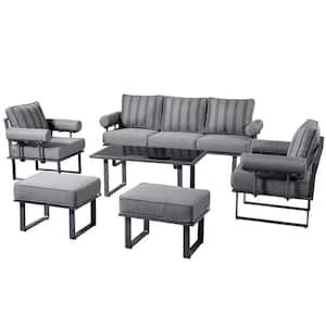 Teton Grand Gray 6-Piece Aluminum Outdoor Patio Conversation Sofa Set with Stripe Gray Cushions