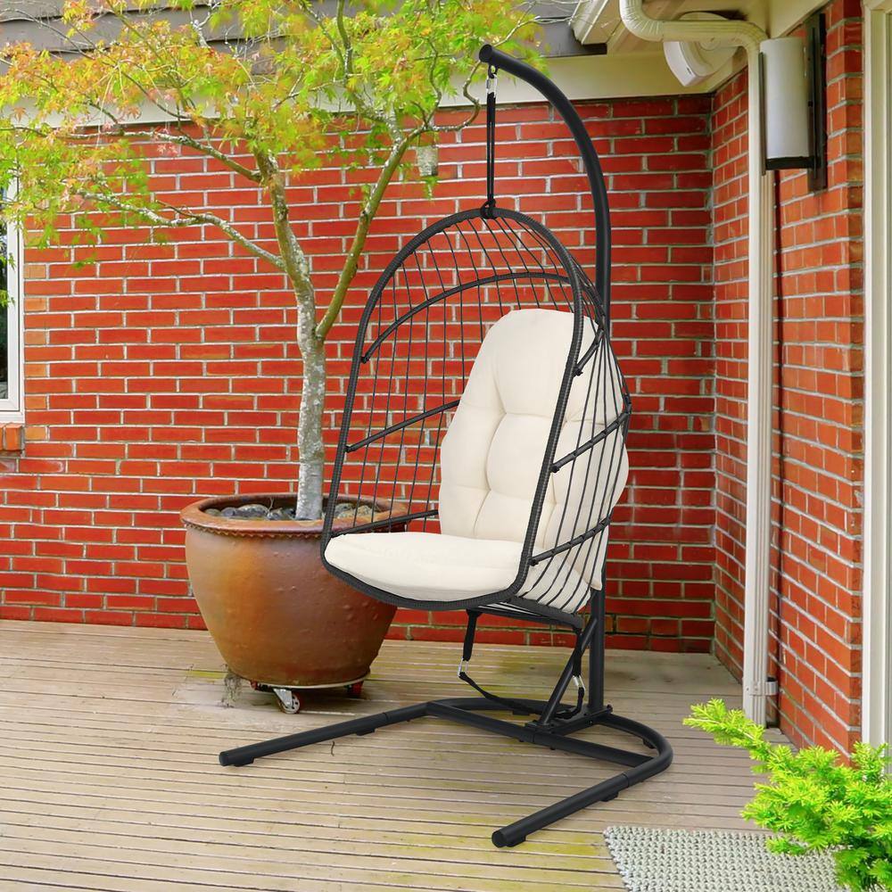 Beige Wicker Hanging Egg Chair with Cushions and Stand