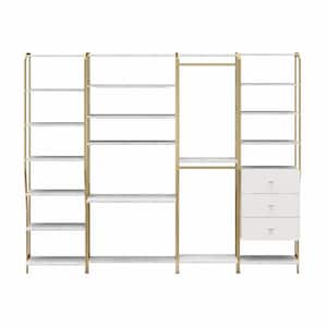 Gwyneth 108 in. W Wall Mount Adjustable Wood Closet System 4 Piece Bundle-Shelves, Vanity, Hanging Rods & Drawers, White
