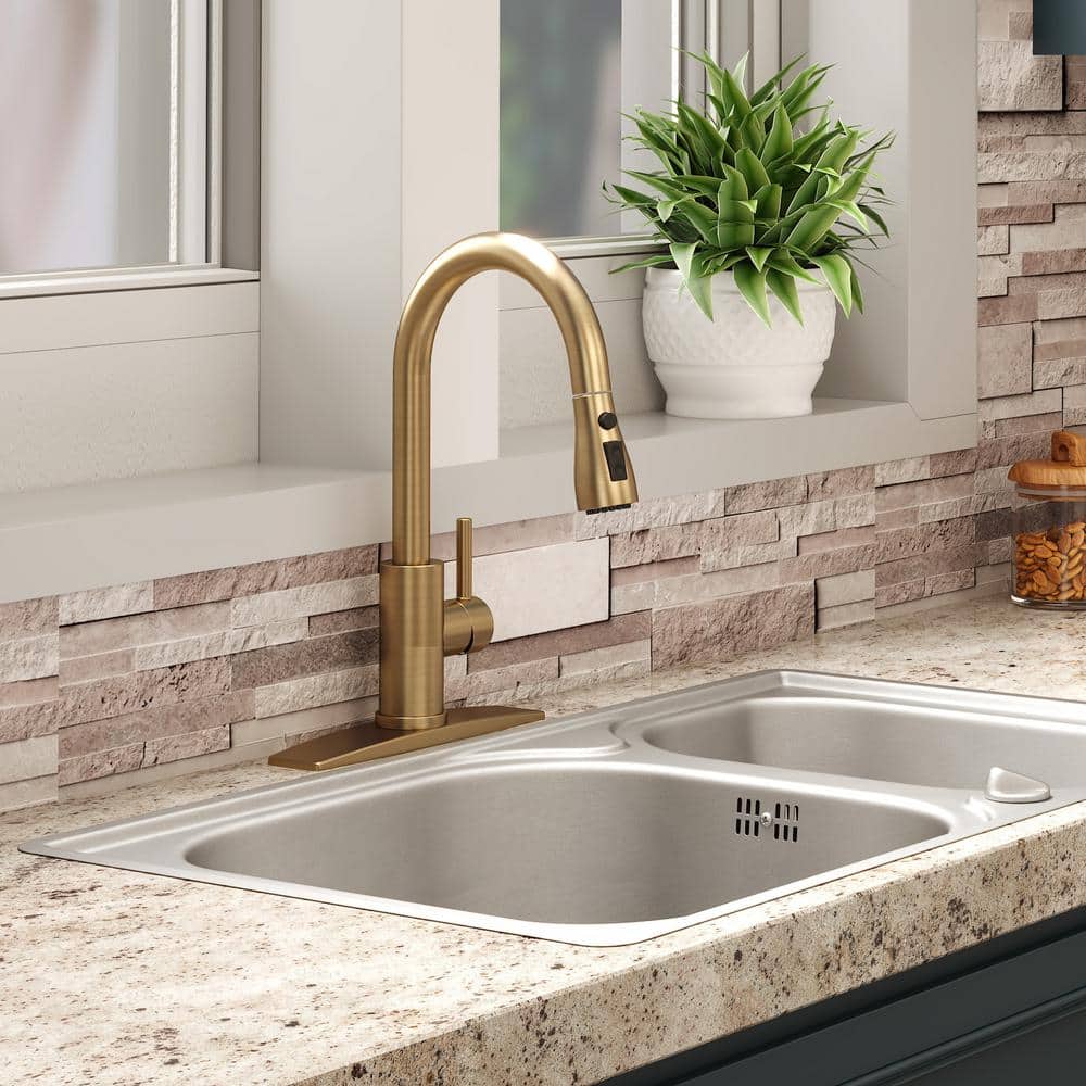 Brushed Gold Stainless Steel Pull Down Kitchen Faucet with Soap Dispenser