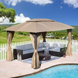 Sandgo 14 ft. x 10 ft. Steel Frame Gazebo in Brown with Double Soft Polyester Fabric Roofs and Mosquito Net