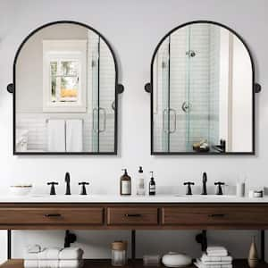 24 in. W x 31.5 in. H Modern Arch-Top Metal Framed Black Pivoted Wall Vanity Mirror