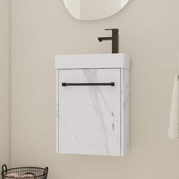 Ziyudura 16 in. Single Sink Floating White Bath Vanity with White Ceramic Top (Assembled), Soft-Close Doors and Handle Design