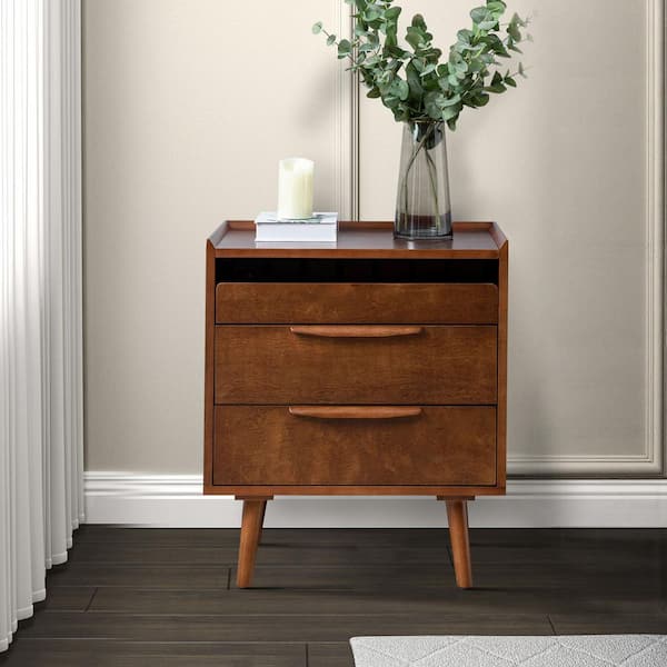 Kate Walnut Mid-century Style 3-Drawer 24 in. W Nightstand with Solid Wood Legs