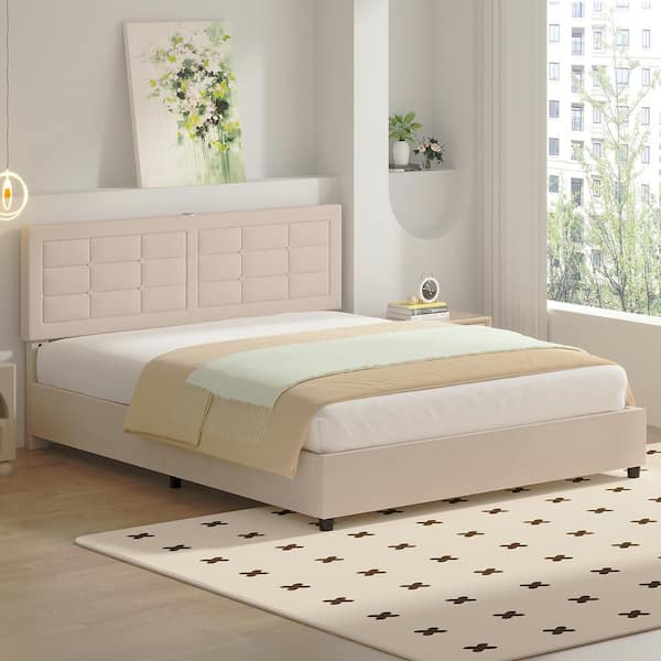 VECELO Upholstered Bed, Beige Metal Frame Queen Platform Bed with Wood Slats Support, Headboard, Built-in USB and Type C Ports