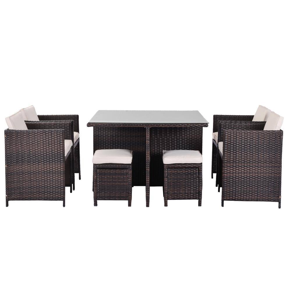 9-Piece Wicker Patio Conversation Set with Beige Cushions