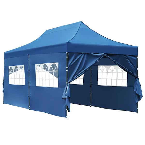 JUJABU 10 ft. x 20 ft. Blue Pop Up Canopy Tent Heavy Duty UV and Waterproof Protection Party Tent with 6 Sidewalls Roller Bag