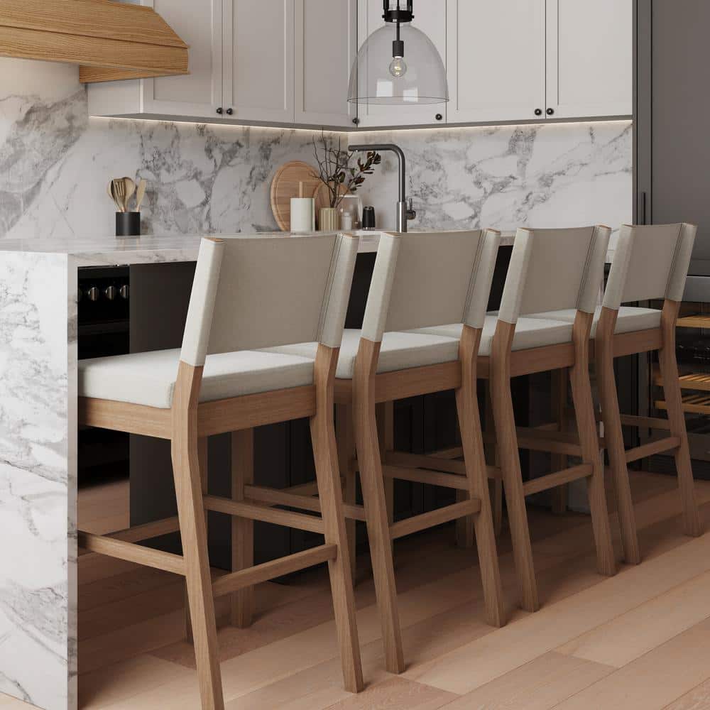 Linus Light Brown Rubberwood Bar Stool with Flax Upholstery