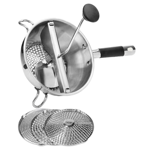 Silver Stainless Steel Food Mills with 3 Milling Discs, Orange Multifunctional Spoon and Silicone Handle Dishwasher Safe