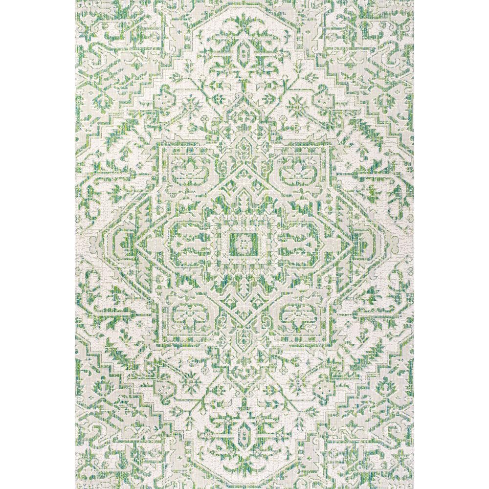 Estrella Green and Cream Synthetic Medallion 4' x 6' Area Rug