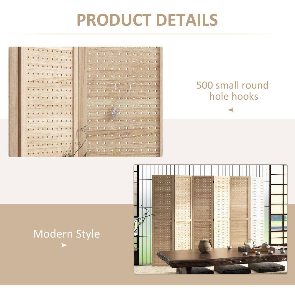 Natural Wood 6-Panel Folding Room Divider with Hook Holes